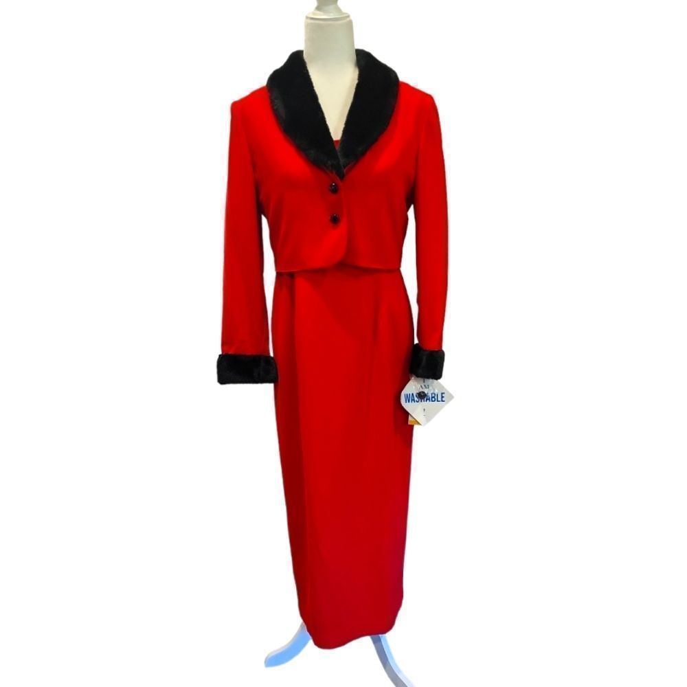 𝅺Danny & Nicole red and black faux fur 2 piece dress set sz 6